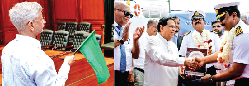 A passenger ferry service was inaugurated yesterday between Nagapattinam, Tamil Nadu, India and Kankesanthurai (KKS) under the auspices of President Ranil Wickremesinghe, Indian Prime Minister Narendra Modi and Indian External Affairs Minister Dr. S. Jaishankar. Here Ports and Aviation Minister Nimal Siripala de Silva presents a memento to the vessel’s Captain on its arrival at KKS.