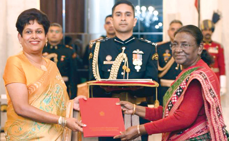 Kshenuka Senewiratne, the newly appointed High Commissioner of Sri Lanka to India presented her credentials to the President of India Droupadi Murmu on Friday January 5