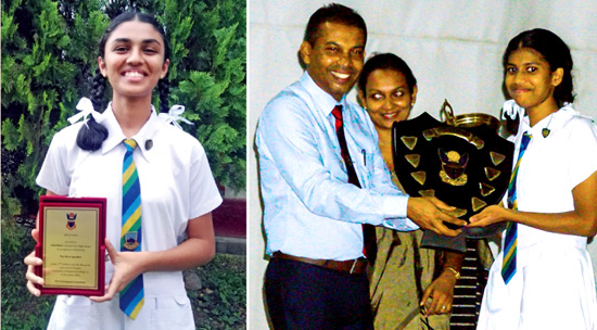 [Left]: Best Speaker - Aini Raaiz of Girls’ High School. [Right:] The captain of  Kandy Girls’ High School receiving the trophy