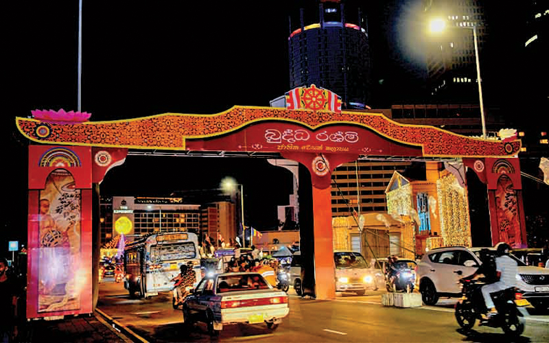 The entrance to the Buddha Rashmi Vesak Zone organised by the Presidential Secretariat, Prime Minister’s office, Gangaramaya Temple and other organisations in Colombo