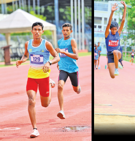 Sasmitha Nadun wins the 800 metres in the Under-20 category at the Saman Academy athletic championships at the Sugathadasa Stadium in Colombo yesterday(Pix: Chinthaka Kumarasinghe)
/Sanuli Methmini Perera wins the long jump event in the Under-14 age group with a distance of 4.90 metres at the Saman Academy athletic championships at the Sugathadasa Stadium in Colombo yesterday 