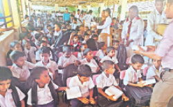 The distribution of bags and shoes in progress.