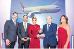 Emirates Divisional Vice President in the UK Jabr Al-Azeeby (left) and Thierry Aucoc, Emirates Senior Vice President Commercial Operations in Europe and the Americas (right) receive the award.