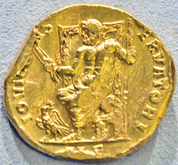 A gold coin depicting the statue of Zeus