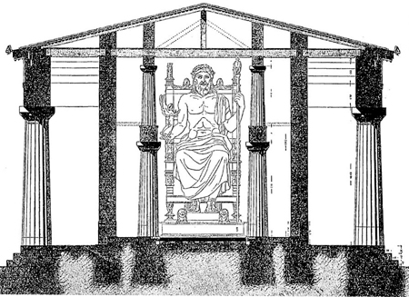 The cross section of the temple of Zeus with the statue of Zeus