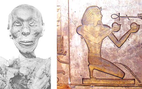 The mummified head of Thutmose II and a relief  of the pharaoh at Karnak