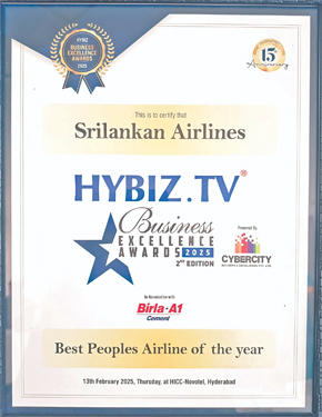 SriLankan Airlines has been declared the Best People’s Airline of the Year at Hybiz TV Business Excellence Awards 2025 by Hybiz TV, the premier digital business channel in Telangana, India